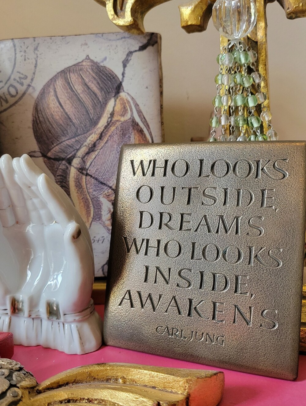 Wild Goose Studio Ireland Tile Quote Plaque - 'Who Looks Outside' Carl Jung
